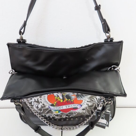 Ed Hardy Black Red Graphic Large Satchel Tote logo skull stud eagle - Picture 5 of 9